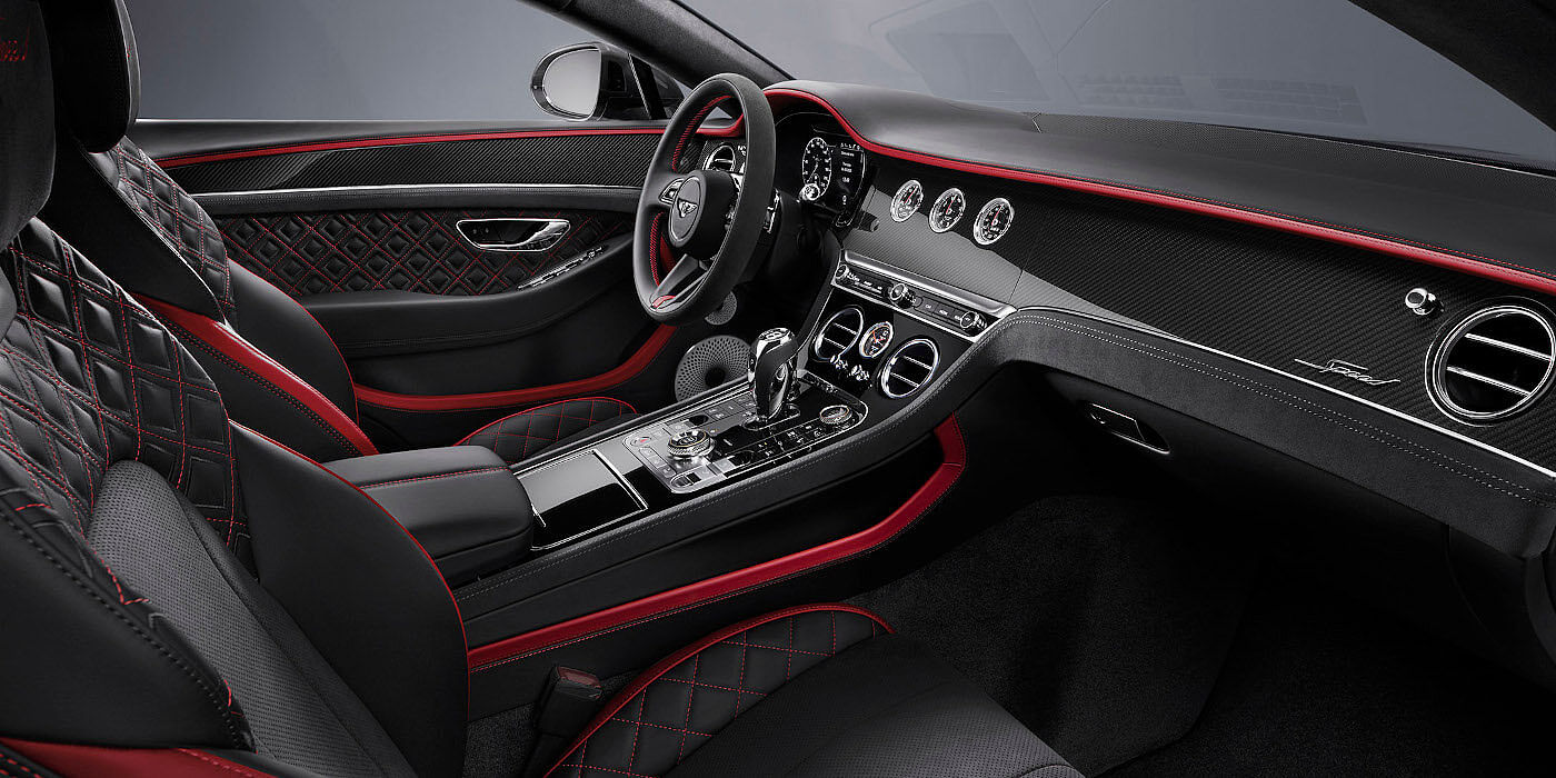 Bentley Suomi Bentley Continental GT Speed coupe front interior in Beluga black and Hotspur red hide