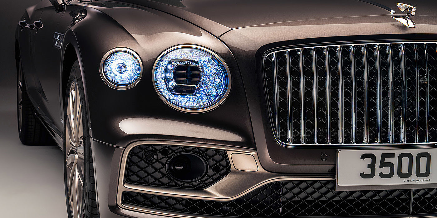 Bentley Suomi Bentley Flying Spur Odyssean sedan front grille and illuminated led lamps with Brodgar brown paint