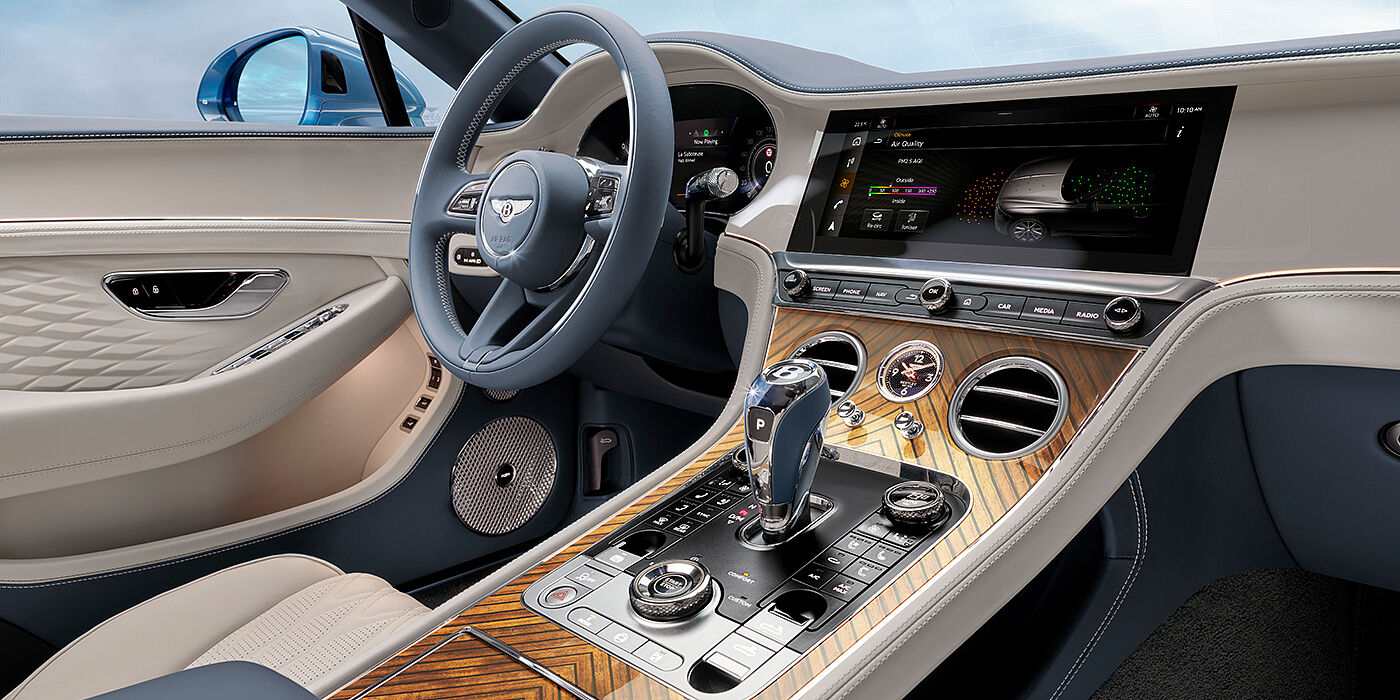 Bentley Suomi New Bentley Continental GTC Azure convertible interior front cabin view with Linen and Brunel hides and Piano Linen by Mulliner veneer featuring centre console and centre MMI screen