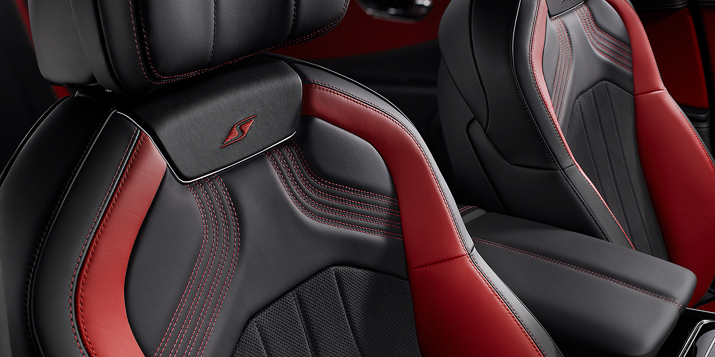 Bentley Suomi Bentley Flying Spur S seat in Beluga black and \hotspur red hide with S emblem stitching