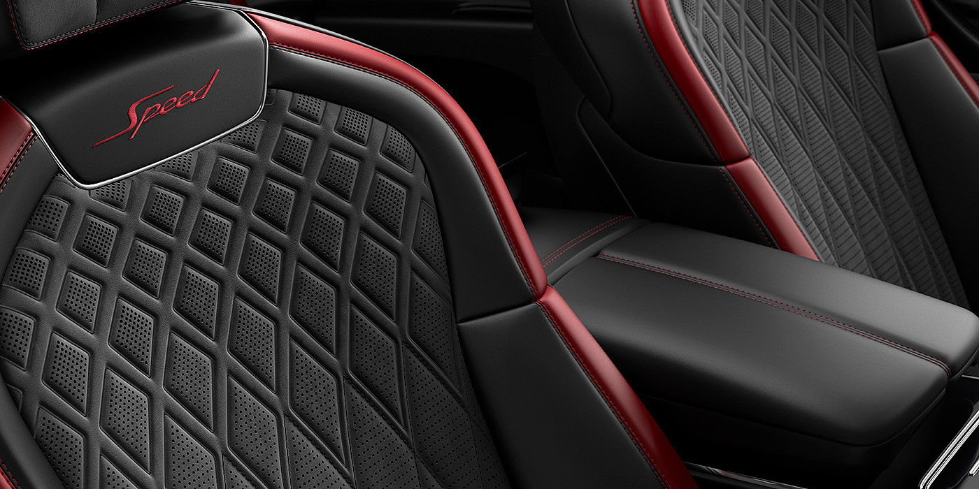 Bentley Suomi Bentley Flying Spur Speed sedan seat stitching detail in Beluga black and Cricket Ball red hide