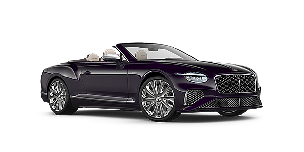 Bentley Suomi Bentley New Continental GTC Mulliner convertible front three quarter view in Damson paint with 22 inch Mulliner painted and polished wheel