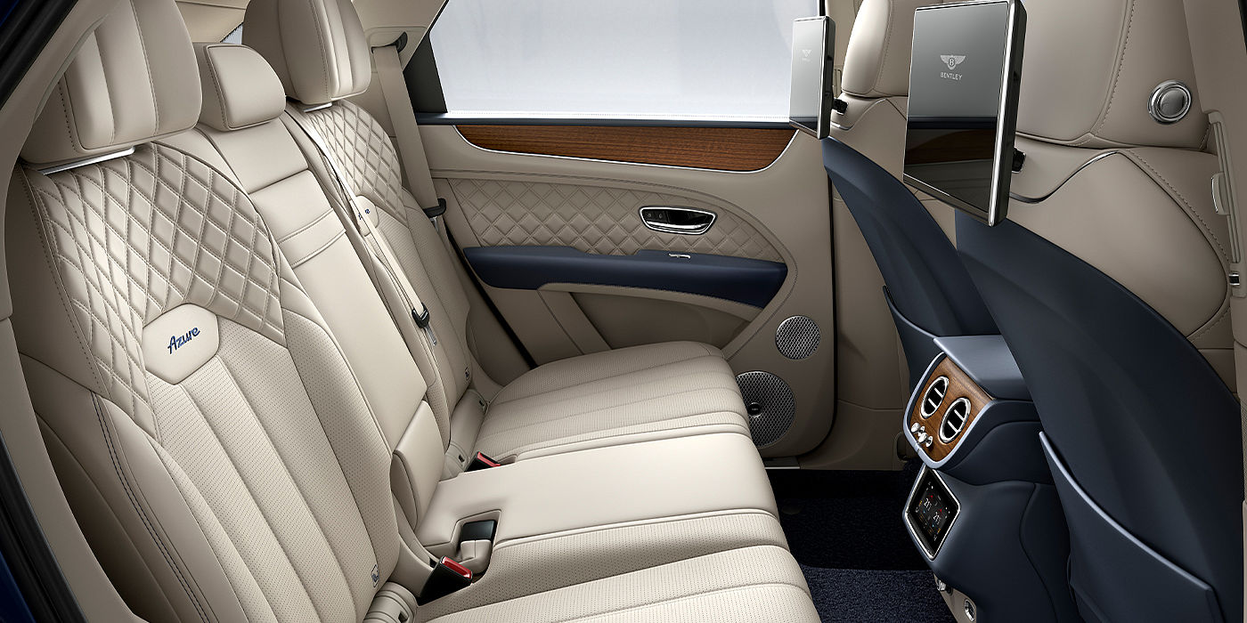 Bentley Suomi Bentley Bentayga Azure SUV rear interior in Imperial Blue and Linen hide