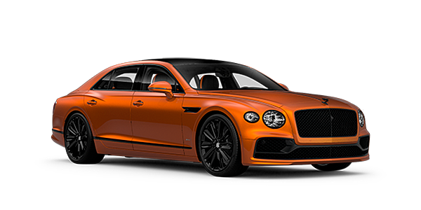 Bentley Suomi Bentley Flying Spur Speed front side angled view in Orange Flame coloured exterior. 