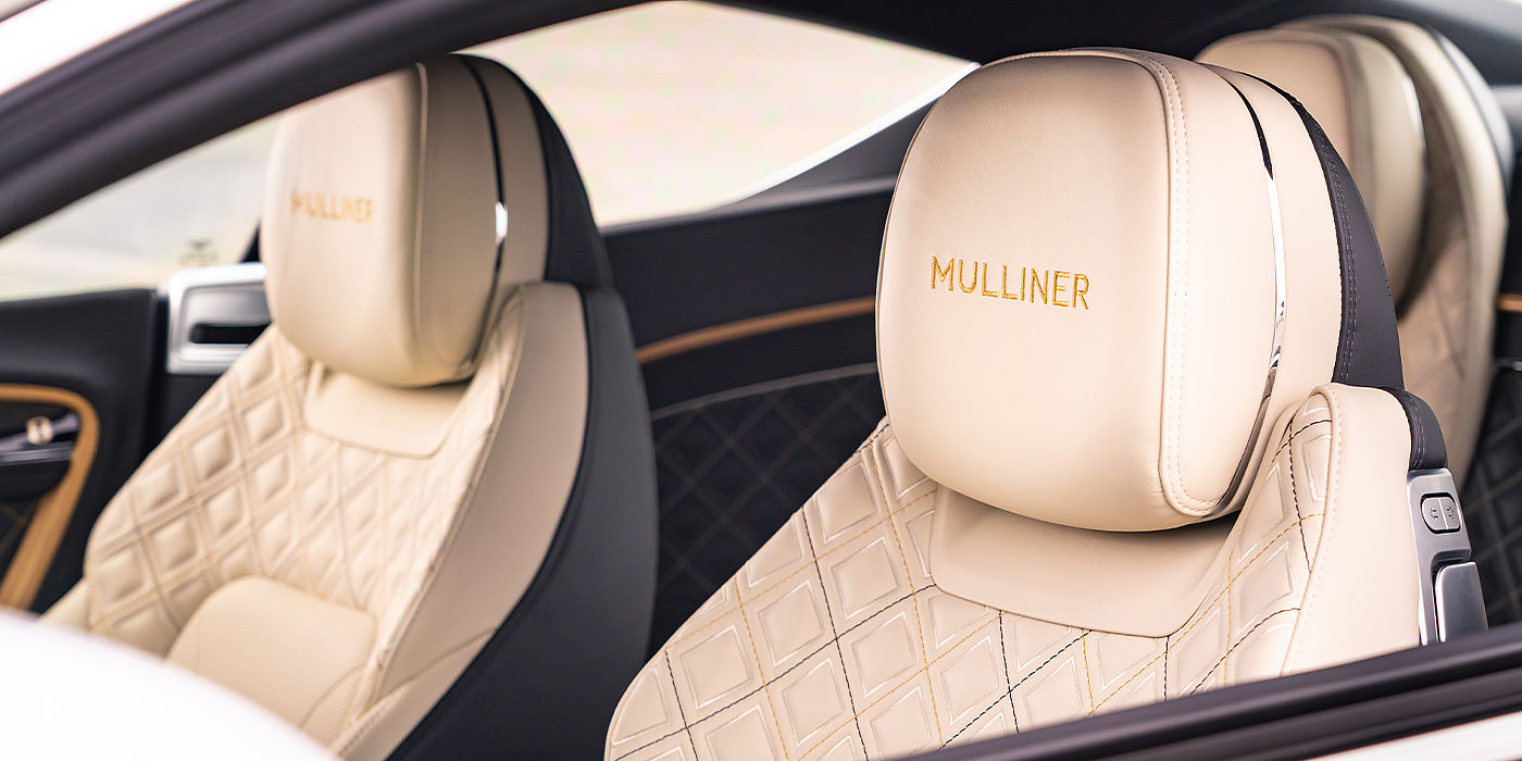 Bentley Suomi Bentley Continental GT Mulliner coupe seat detail in Beluga black and Linen hide