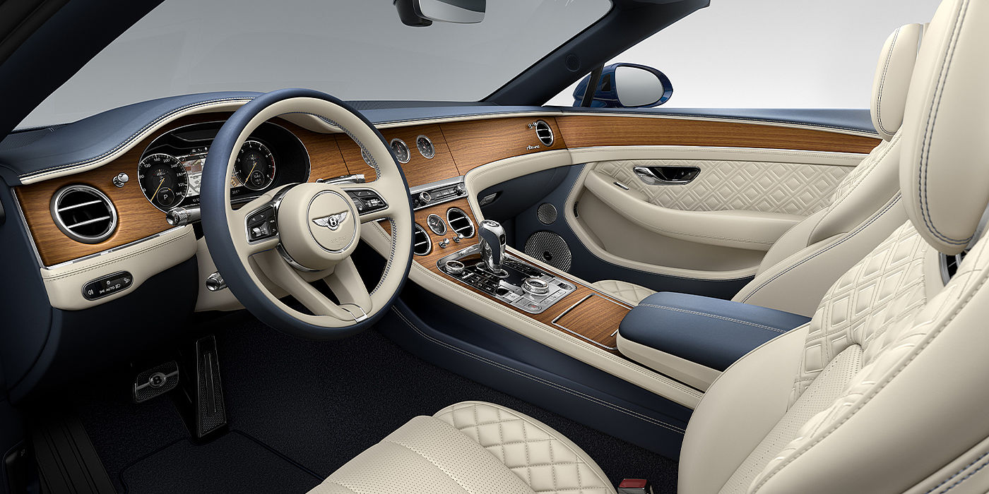 Bentley Suomi Bentley Continental GTC Azure convertible front interior in Imperial Blue and Linen hide