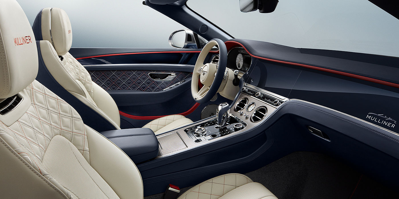 Bentley Suomi Bentley Continental GTC Mulliner convertible front interior in Imperial Blue and Linen hide